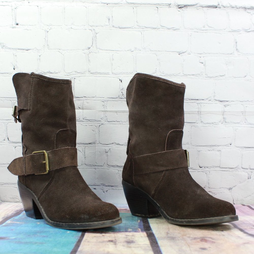 Dolce Vita Brown Suede Buckles Mid Calf Cuban Heel Boots Size 8.5 - Picture 3 of 9